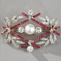 Art Deco Round Cut Ruby & White Sapphire & Pearl Brooch