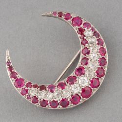 Vintage Moon Design Round Cut Ruby & White Sapphire Brooch