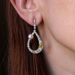 Oval & Round Cut Yellow & White Sapphire Pearl Drop Earrings