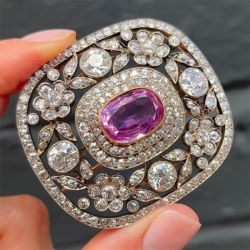 Two Tone Milgrain Cushion & Round Cut Pink & White Sapphire Vintage Brooch Pin For Women