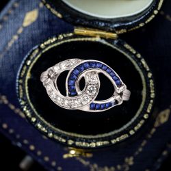 Art Deco Round & Baguette Cut White & Blue Sapphire Engagement Ring