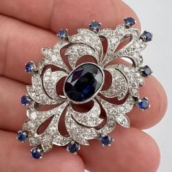 Art Deco Oval & Round Cut Blue & White Sapphire Brooch