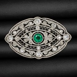 Vintage Round Cut Emerald & White Sapphire Edwardian Brooch