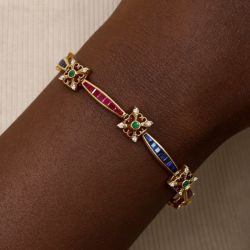 Golden Ruby & Blue & Emerald Sapphire Baguette & Round Cut Tennis Bracelet
