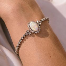 Vintage Halo Oval & Round Cut White Opal & Sapphire Tennis Bracelet