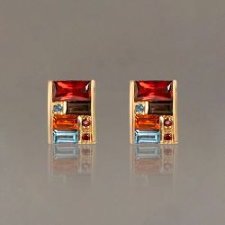 Golden Baguette Cut Garnet & Topaz & Orange & Brown Sapphire Stud Earrings