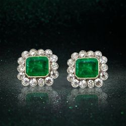 Vintage Halo Emerald Cut Emerald & White Sapphire Stud Earrings