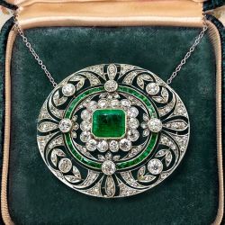Art Deco Emerald & Round Cut Emerald & White Sapphire Pendant Necklace
