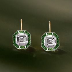 Two Tone Halo Asscher Cut Emerald & White Sapphire Drop Earrings