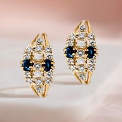 Golden Oval & Round Cut Blue & White Sapphire Hoop Earrings For Women