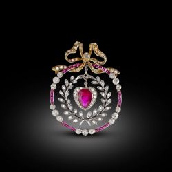 Antique Two Tone Ruby & White Sapphire Pear & Round Cut Circle Garland Brooch Pin
