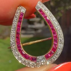 Antique Horseshoe White & Ruby Sapphire Round & Asscher Cut Brooch Pin