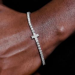 Classic Round & Princess Cut White Sapphire Cross Bracelet For Men