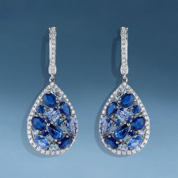 Halo Oval & Pear & Round Cut Blue & White Sapphire Drop Earrings
