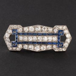 Round & Baguette Cut White & Blue Sapphire Brooch Pin