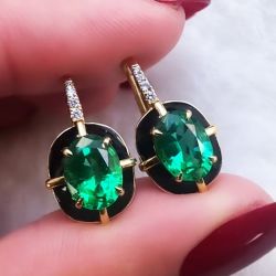 Two Tone Oval Cut Emerald & White Sapphire Drop Earrings