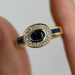 Antique Halo Oval Cut Blue & White Sapphire Engagement Ring 