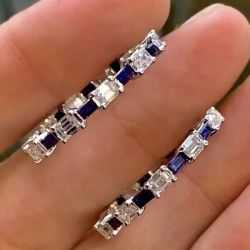 Emerald Cut Blue & White Sapphire Hoop Earrings For Women