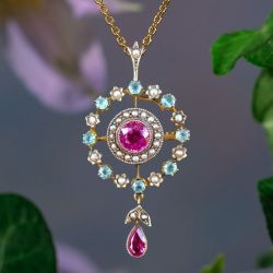 Two Tone Halo Round Cut Pink & Aquamarine Sapphire & Pearl Vintage Brooch & Pendant Necklace