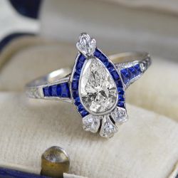 Halo Pear & Baguette Cut White & Blue Sapphire Engagement Ring