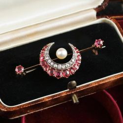 Ruby & White Sapphire & Pearl Cushion & Round Cut Moon Design Brooch