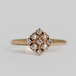 Golden White Sapphire & Pearl Round Cut Engagement Ring