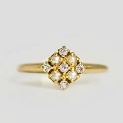 Golden White Sapphire & Pearl Round Cut Engagement Ring
