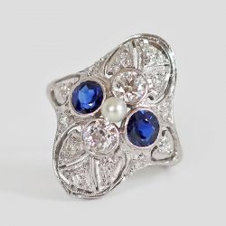 White & Blue Sapphire & Pearl Round Cut Engagement Ring For Women