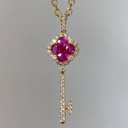 Golden Ruby & White Sapphire Oval & Round Cut Key Design Pendant Necklace