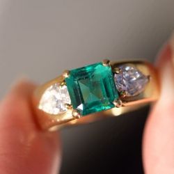 Three Stone Asscher & Pear Cut Emerald & White Sapphire Engagement Ring