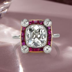 Two Tone Milgrain Ruby & White Cushion & Round Cut Engagement Ring For Women