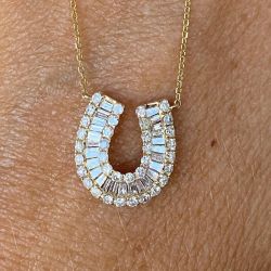 White Sapphire Round & Baguette Cut Horseshoe Pendant Necklace