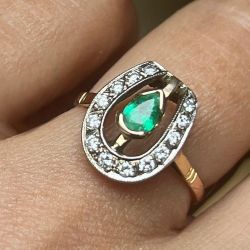 Two Tone Horseshoe Design Emerald & White Sapphire Pear & Round Cut Enagement Ring