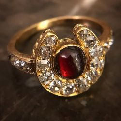 Horseshoe Design Oval Cabochon Cut Garnet & White Sapphire Engagement Ring