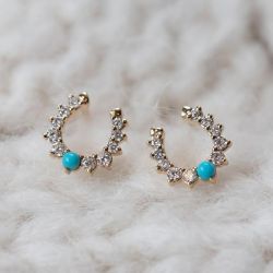 Round Cut White Sapphire & Turquoises Horseshoe Design Stud Earrings