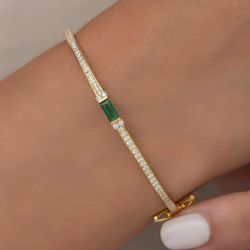 Golden Emerald & White Sapphire Baguette & Round Cut Bangle Bracelet
