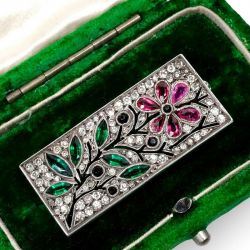 Halo Ruby & Emerald & White Sapphire Pear & Marquise & Round Cut Brooch Pin