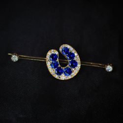 Gloden Blue & White Sapphire Cushion & Round Cut Horseshoe Brooch Pin