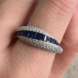 Pave setting Blue & White Sapphire Round & Baguette Cut Wedding Band Ring