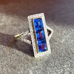 Two Tone Halo Blue & White Sapphire Baguette & Round Cut Engagement Ring 