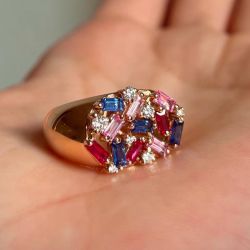 Pink & Ruby & Blue & White Sapphire Baguette & Round Cut Cocktail Ring