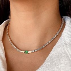 Golden Bezel Emerald Cut Emerald & White Sapphire Tennis Necklace (15.40 CT. TW.)