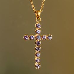 Golden Cross Design Round Cut Tanzanite Sapphire Pendant Necklace