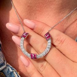 White & Ruby Sapphire Round Cut Horseshose Pendant Necklace 