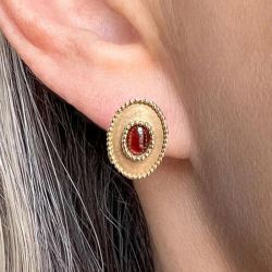 Solitaire Garnet Sapphire Oval Cabochon Cut Stud Earrings 