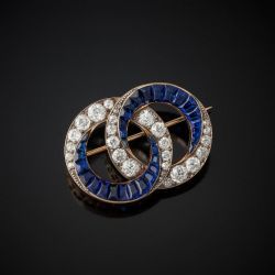 Blue & White Sapphire Round & Baguette Cut Circle Brooch Pin
