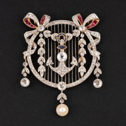 Two Tone Ruby & Blue & White Sapphire Round Cut Brooch & Pendant Necklace