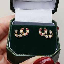 Golden White & Blue & Ruby Sapphire Round Cut Horseshoe Stud Earrings 