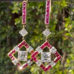 Two Tone Halo Ruby & White Sapphire Princess & Baguette Cut Drop Earrings