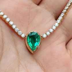 Golden Pear & Round Cut Emerald & White Sapphire Tennis Necklace